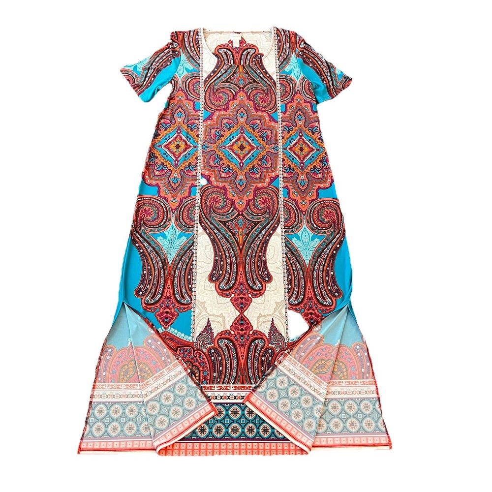 Chicos Women’s Maxi Dress 2 Large Paisley  Green Orange Wrinkle Resistant